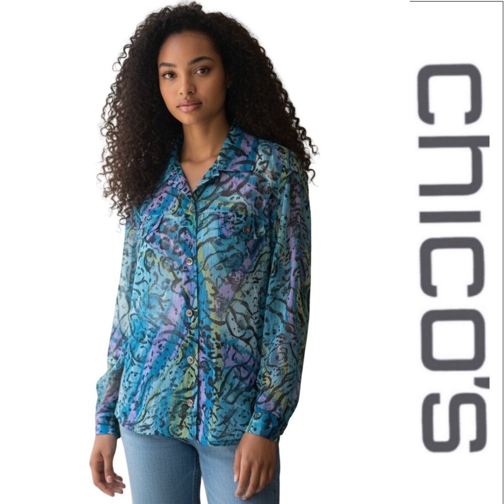 Chico’s Sheer Vibrant Abstract Leopard Print Long Sleeve Blouse Size 16